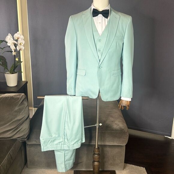 Men’s Green 3 Piece Suit One Button Closure Notched Lapel 32 Jacket 30 Pants - Picture 1 of 15